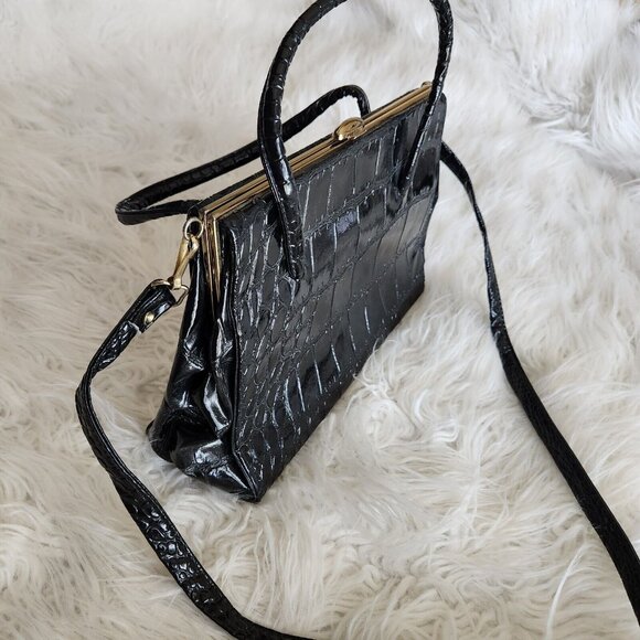 Vintage Croc Embossed Leather Satchel Top Handled Shoulder Crossbody Bag Gold - Picture 2 of 15